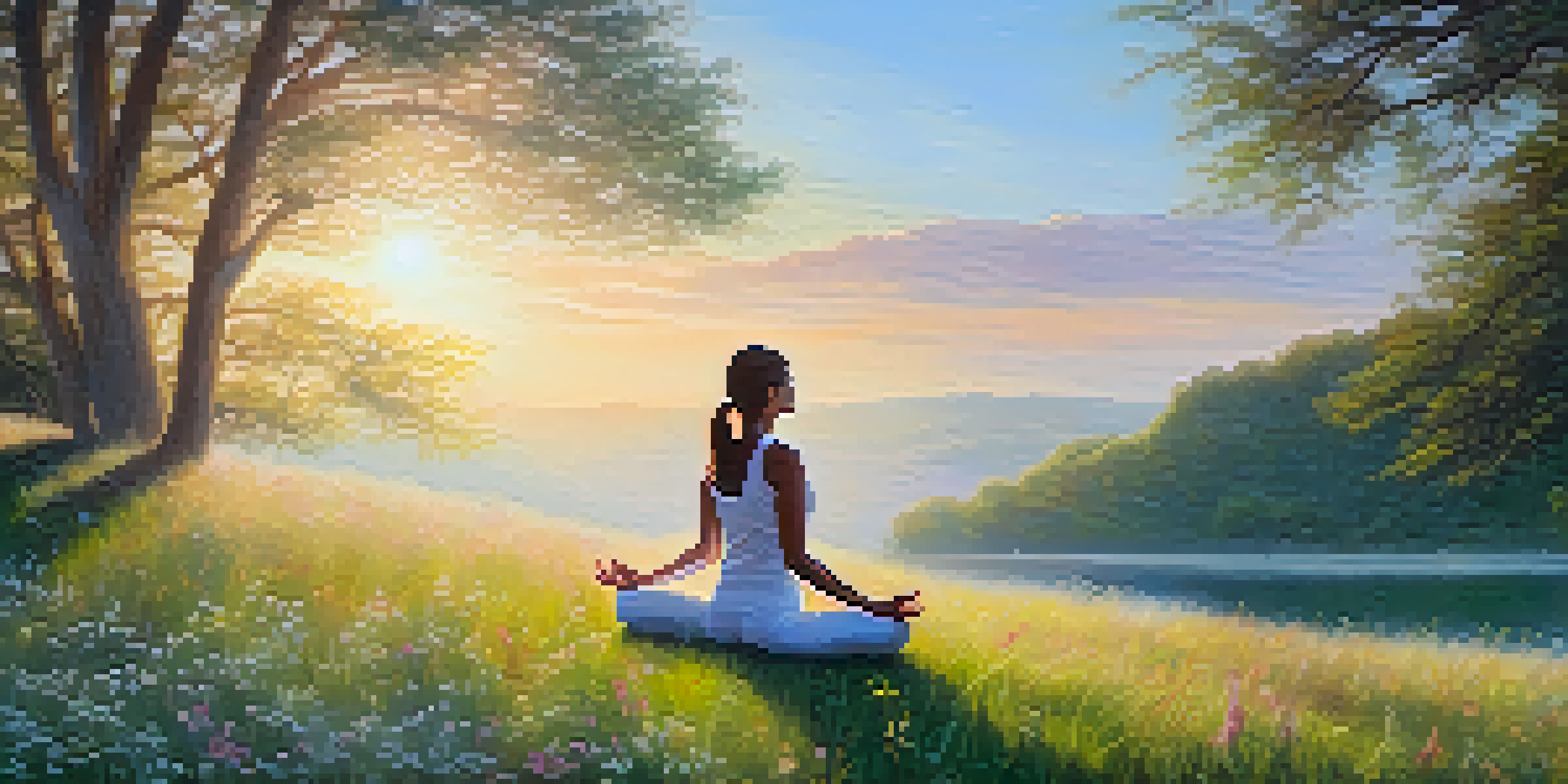 A woman practicing yoga at sunrise on a grassy hill, surrounded by wildflowers.