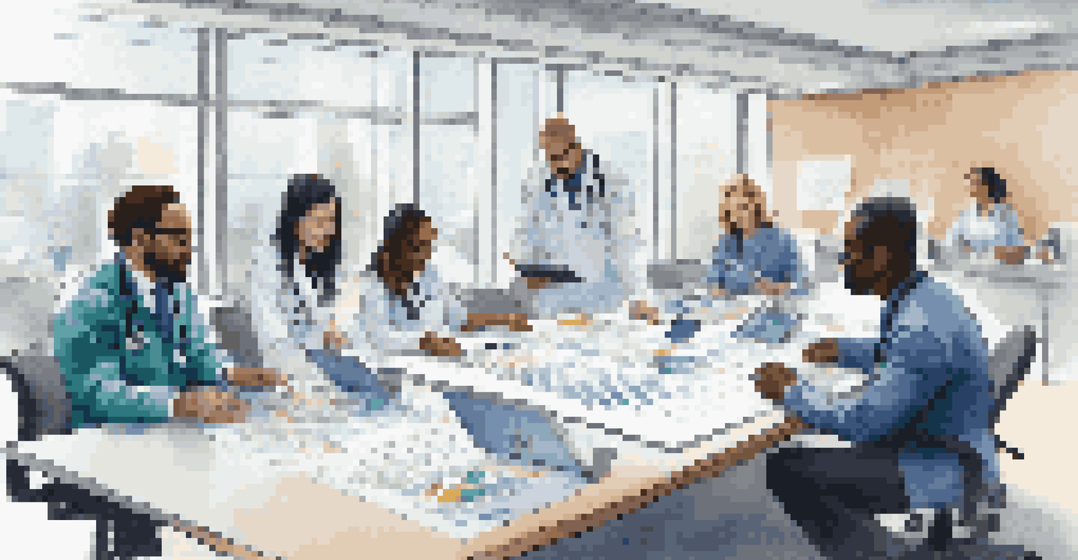 A diverse group of healthcare professionals collaborating in a bright conference room, discussing health data analytics.