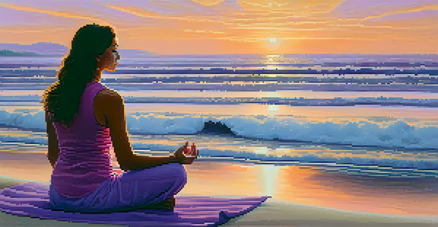 A woman meditating on the beach at sunrise, surrounded by the ocean and colorful sky.