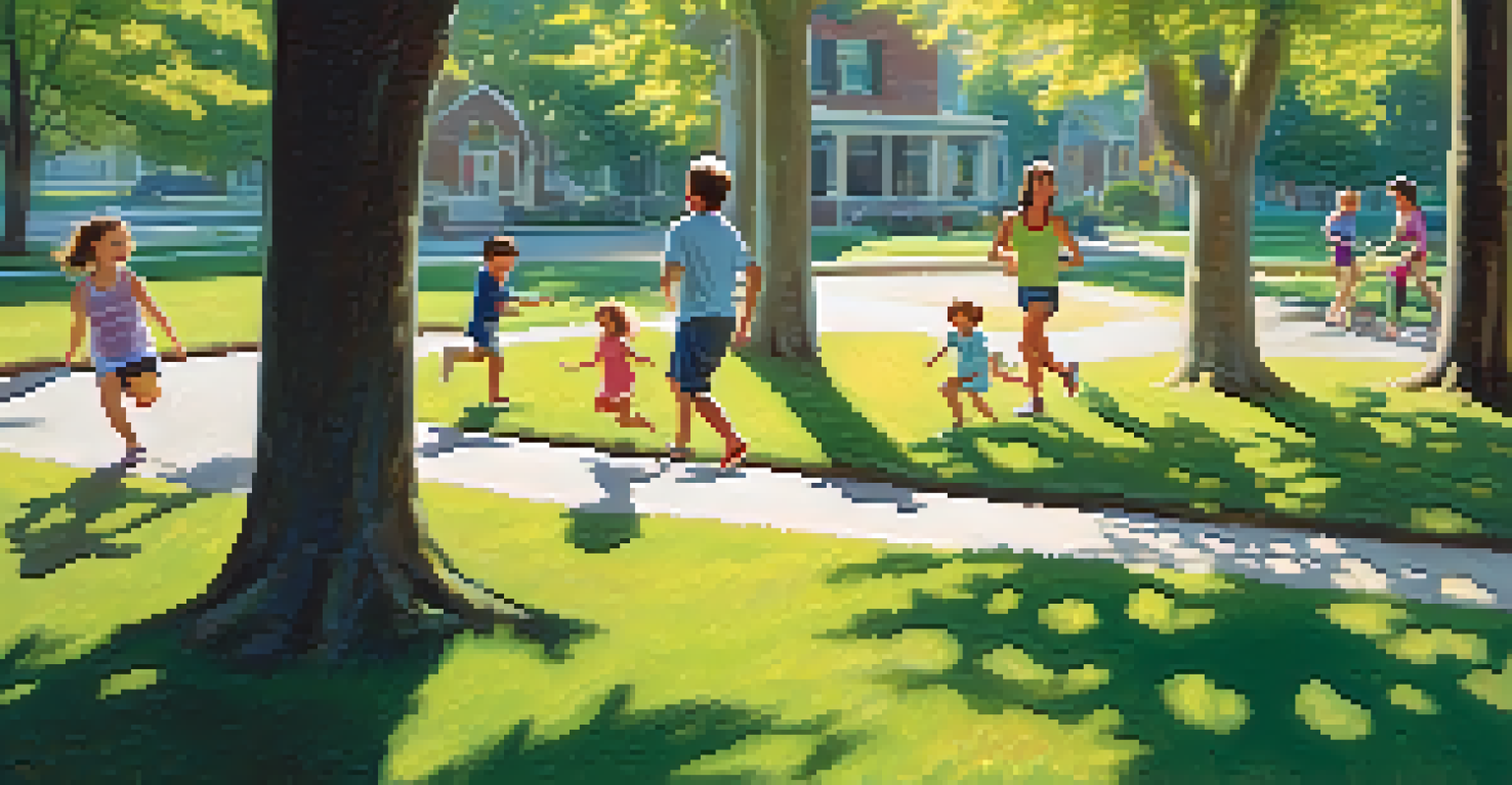 A family enjoying outdoor activities in a park, jogging and playing frisbee, surrounded by blooming trees and sunlight.