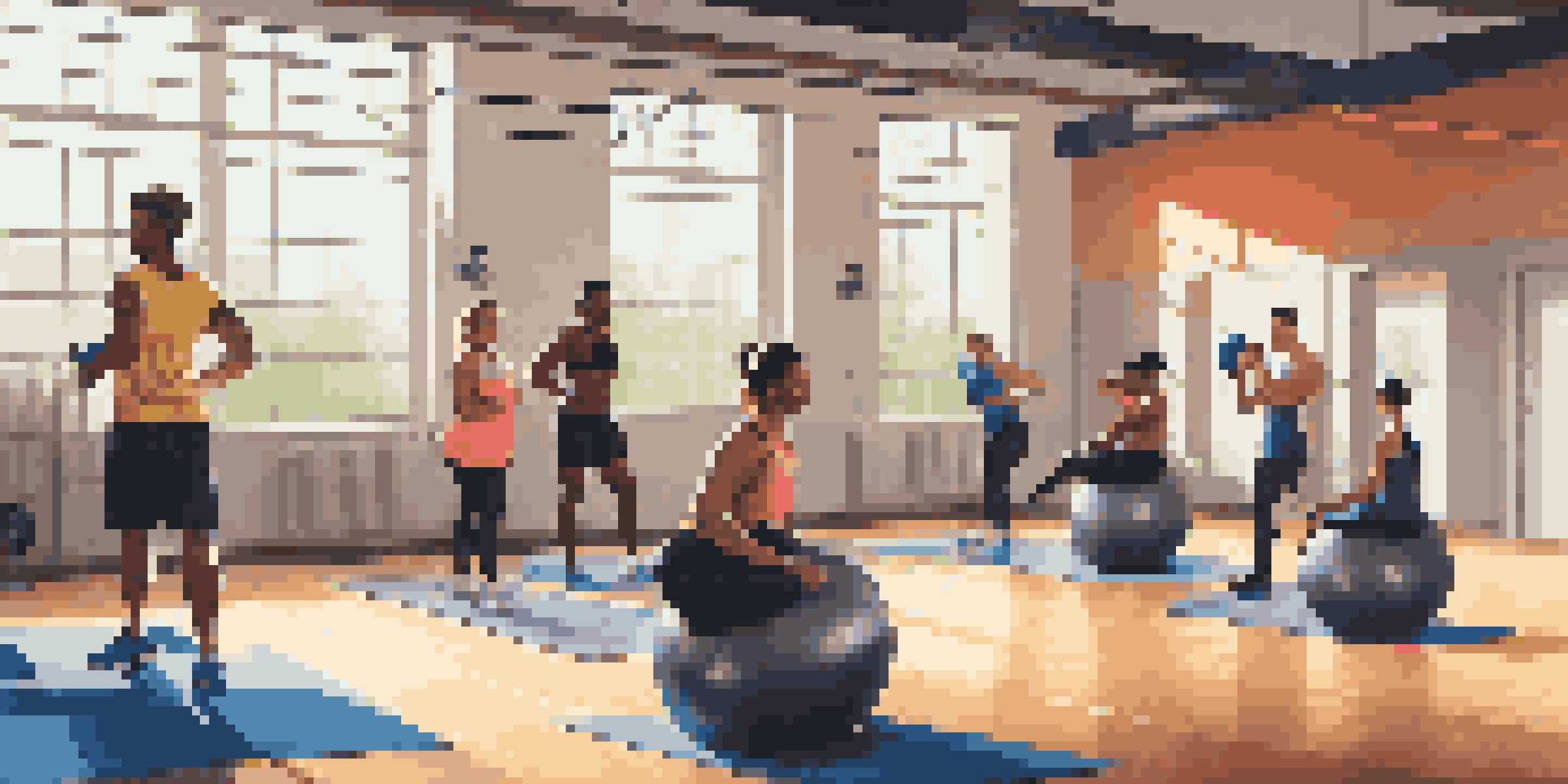 A trainer demonstrating exercises to a diverse group of athletes in a bright gym.