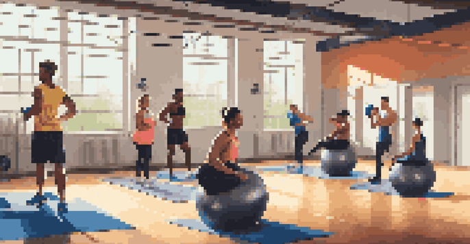 A trainer demonstrating exercises to a diverse group of athletes in a bright gym.