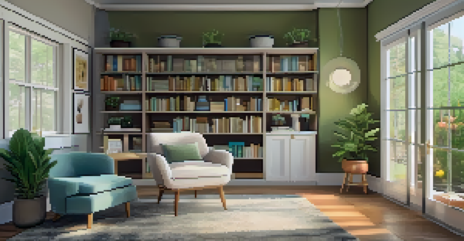 A therapy room with soft lighting, a comfortable armchair, and shelves filled with books and art supplies, overlooking a peaceful garden.