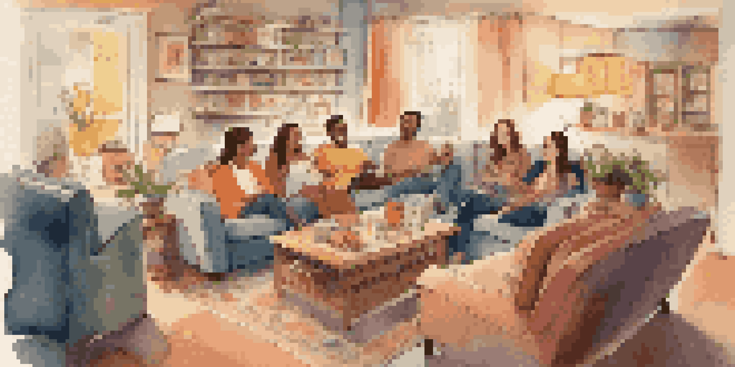 A warm living room scene where friends are laughing together while watching a comedy show, with plush couches and a playful cat.