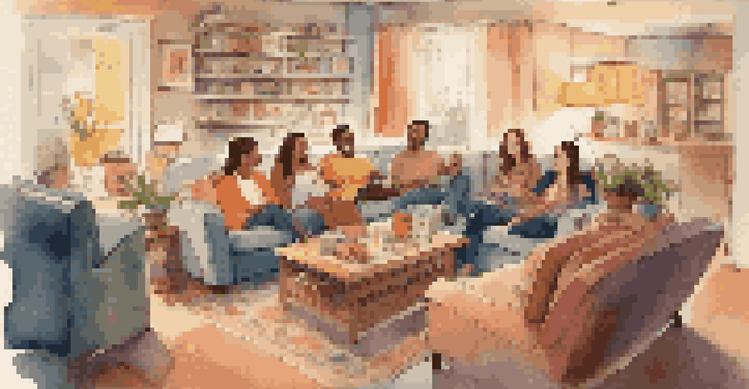 A warm living room scene where friends are laughing together while watching a comedy show, with plush couches and a playful cat.