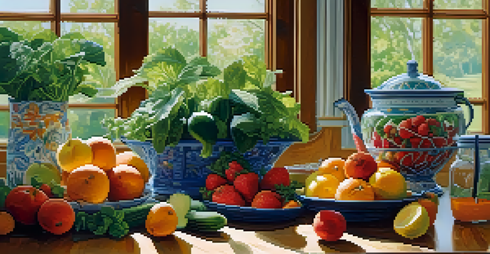A kitchen with fresh fruits and vegetables arranged on a wooden countertop, illuminated by natural light.