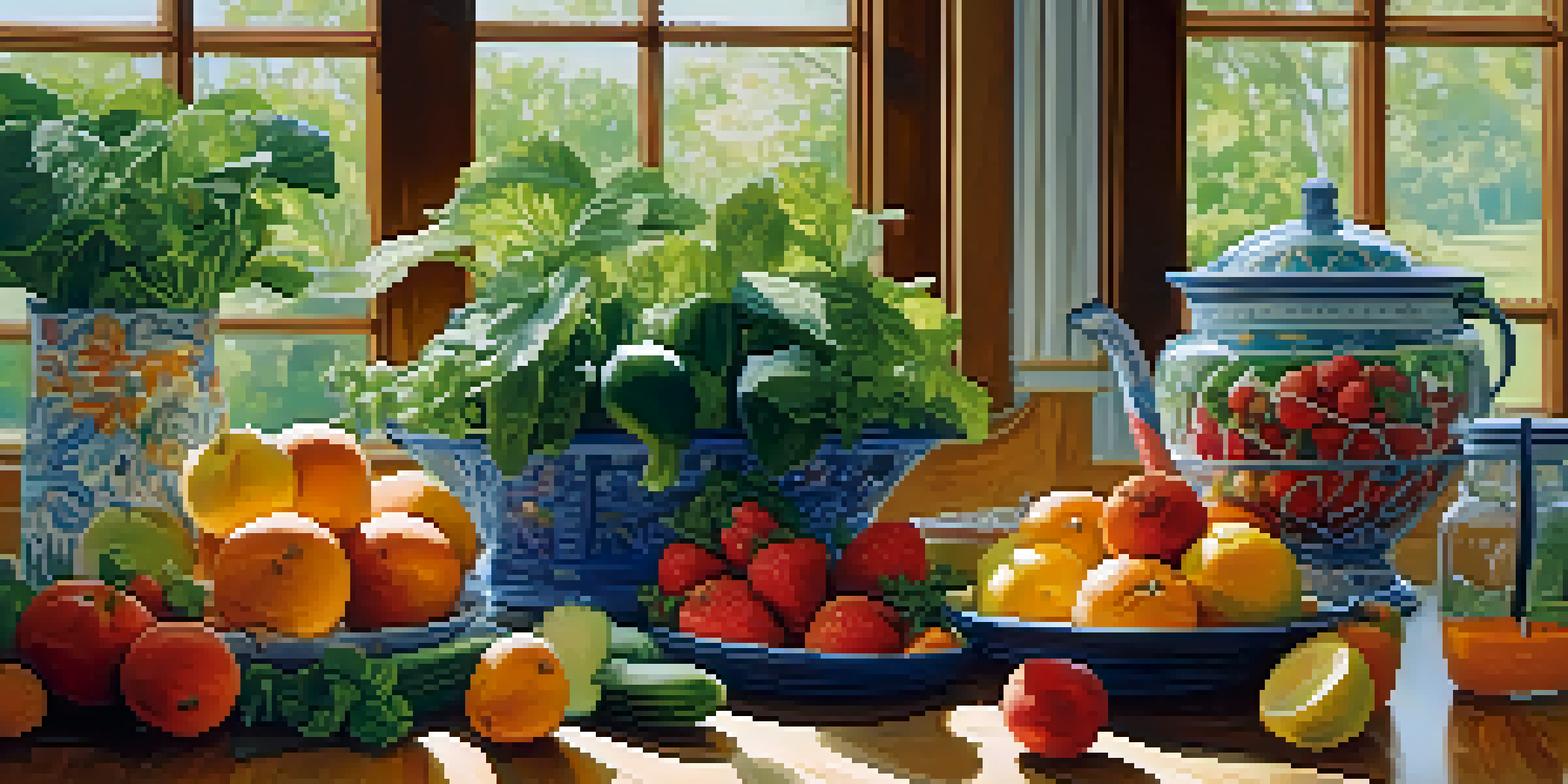A kitchen with fresh fruits and vegetables arranged on a wooden countertop, illuminated by natural light.