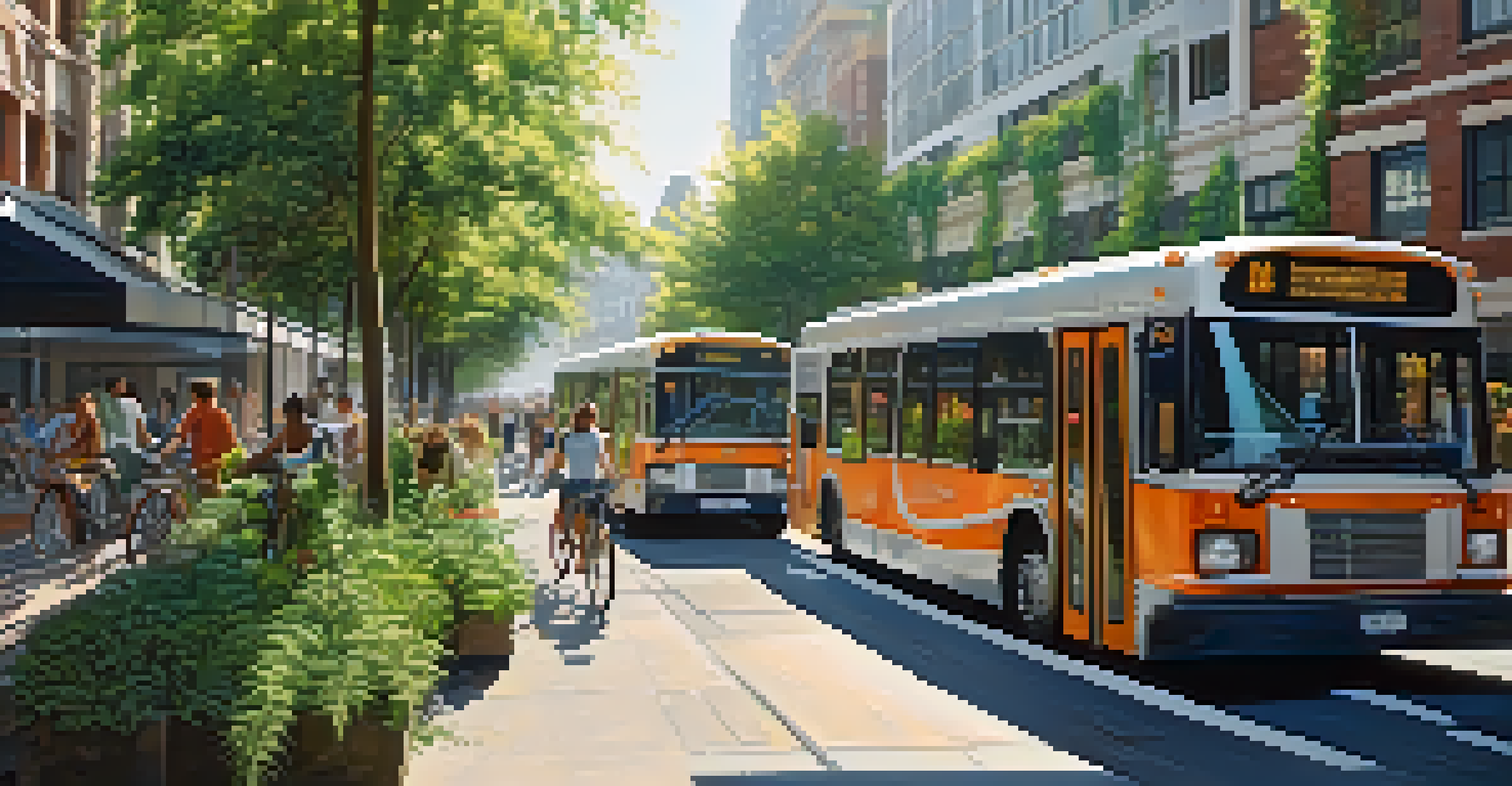 A vibrant city street featuring electric buses, bicycles, and vertical gardens.