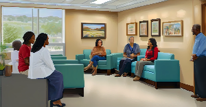A diverse group of patients in a welcoming family medicine clinic, with a healthcare provider at the reception desk and culturally relevant artwork on the walls.