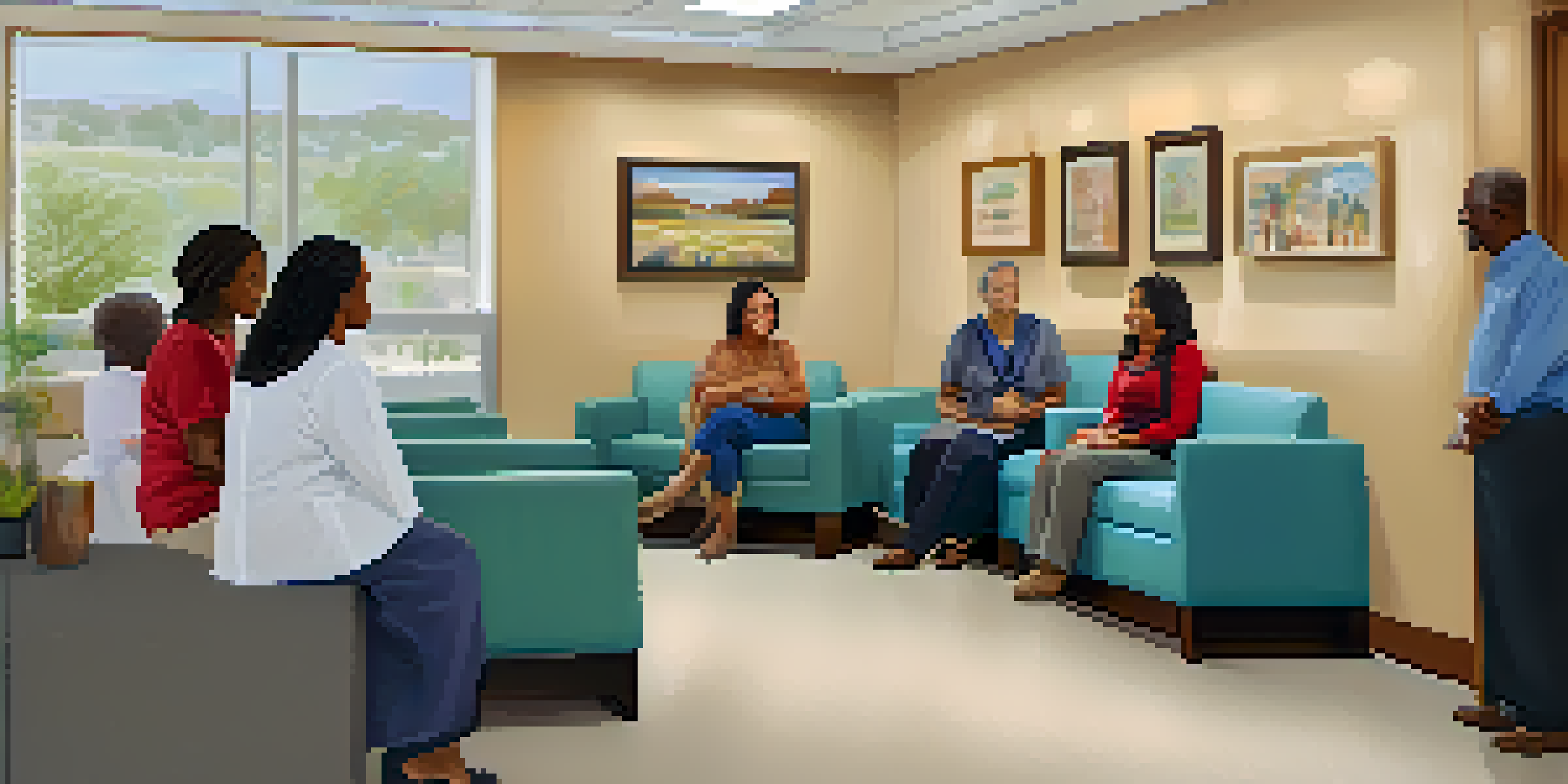 A diverse group of patients in a welcoming family medicine clinic, with a healthcare provider at the reception desk and culturally relevant artwork on the walls.