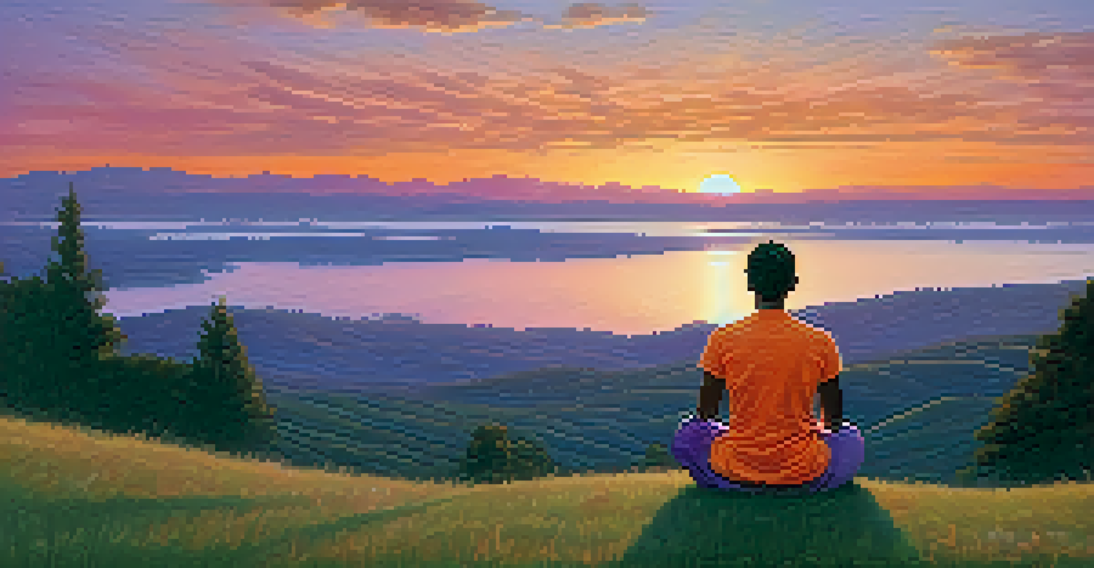 A person meditating on a hilltop at sunset, surrounded by nature's beauty.