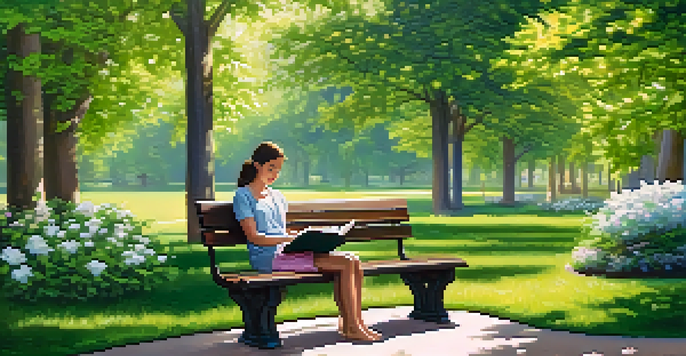 A person reading a book on a park bench surrounded by greenery and flowers, enjoying a moment of digital detox.