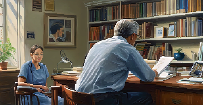 A family physician in a cozy office discussing health plans with a patient, with sunlight illuminating the room.