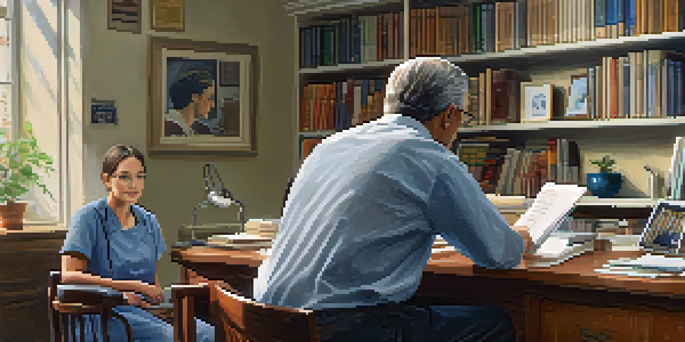 A family physician in a cozy office discussing health plans with a patient, with sunlight illuminating the room.