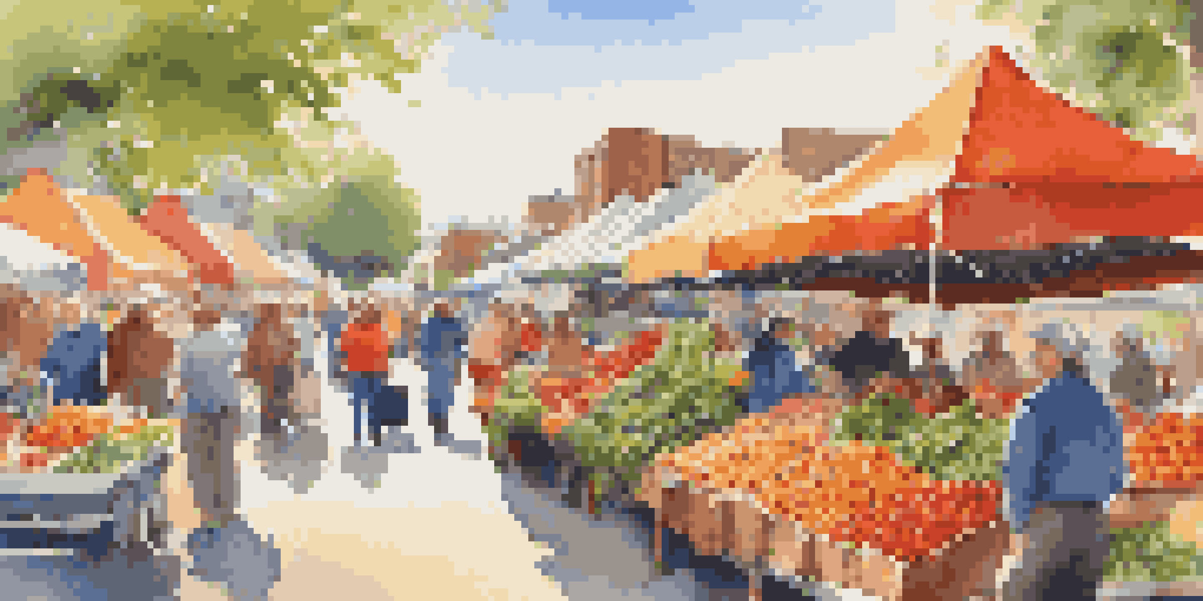 A lively farmer's market filled with colorful seasonal fruits and vegetables under a sunny sky, with people enjoying the atmosphere.