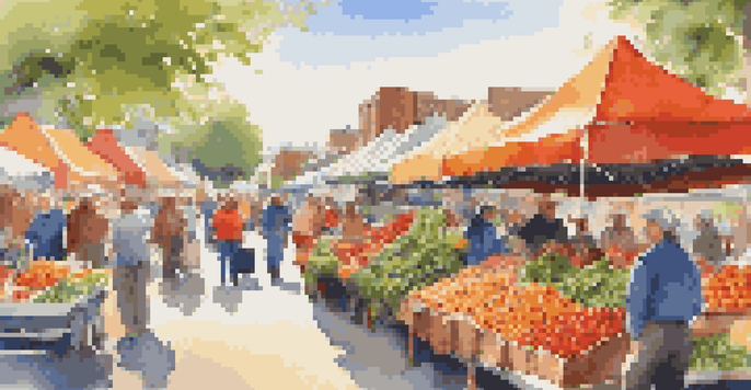 A lively farmer's market filled with colorful seasonal fruits and vegetables under a sunny sky, with people enjoying the atmosphere.