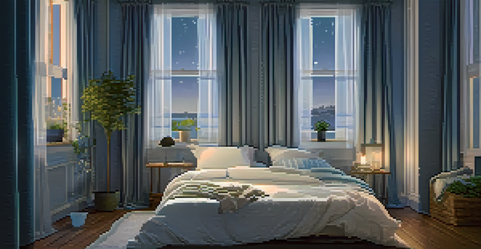 A peaceful bedroom scene at night with soft moonlight, a neatly made bed, and a bedside table with a plant and a book.