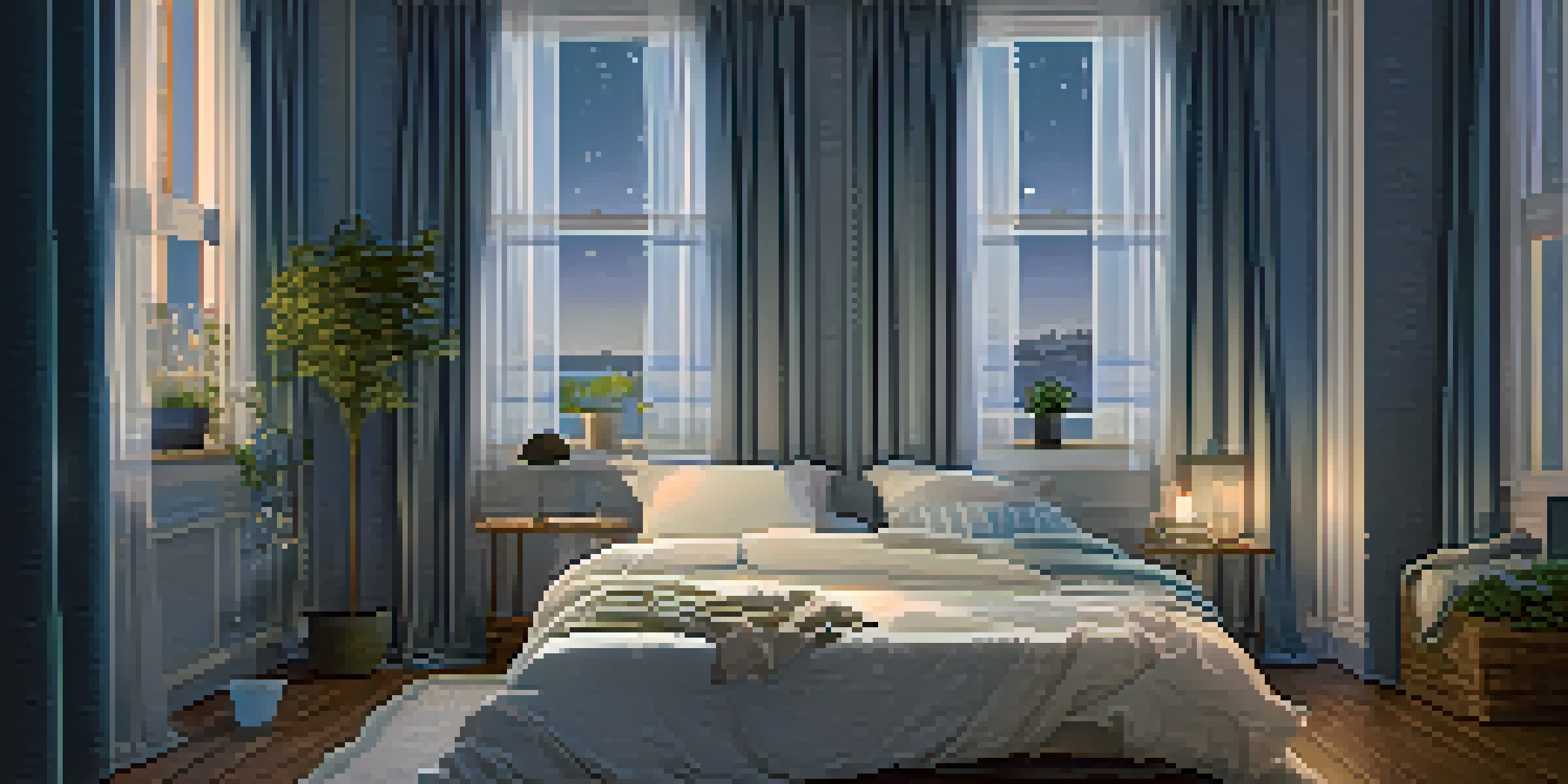 A peaceful bedroom scene at night with soft moonlight, a neatly made bed, and a bedside table with a plant and a book.