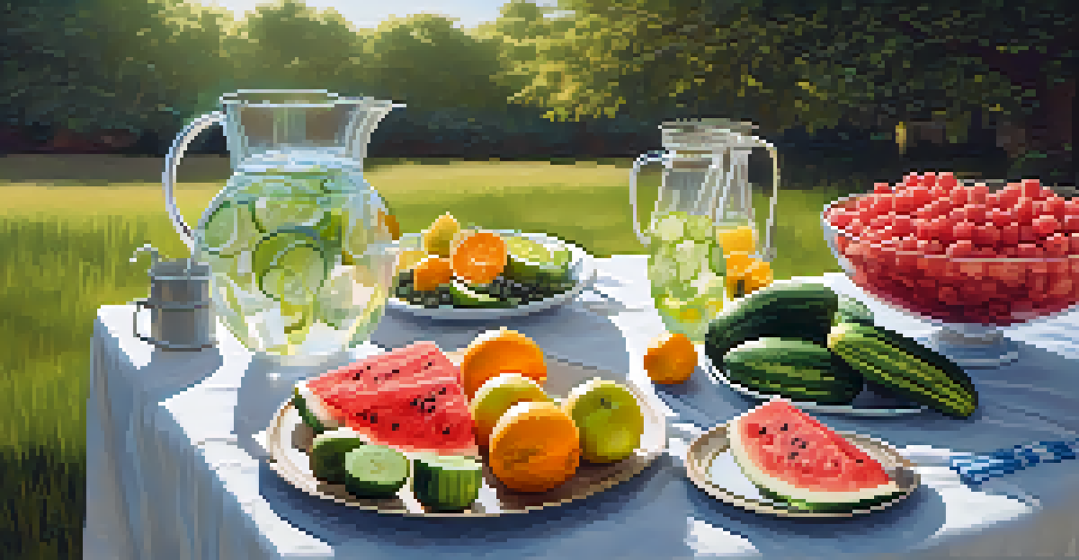 An outdoor picnic setup featuring infused water, electrolyte drinks, and fresh fruits and vegetables.
