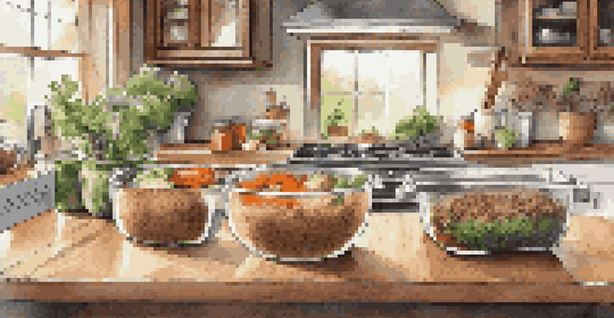 A vibrant kitchen scene featuring neatly organized meal prep containers filled with chopped vegetables, roasted chicken, and quinoa on a wooden countertop.