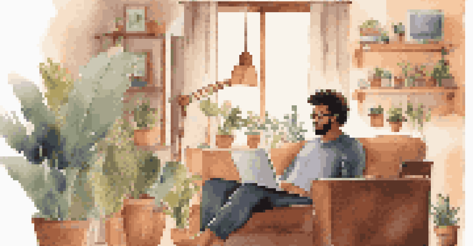 A man using a telehealth service on his laptop at home in a cozy living room.