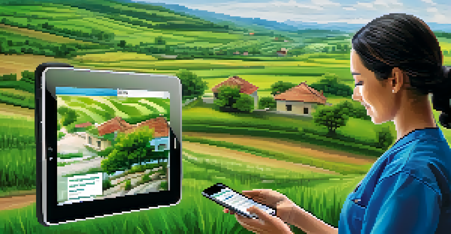 A healthcare worker using a mobile health application to assist a patient in a rural area, showcasing technology's impact on healthcare access.