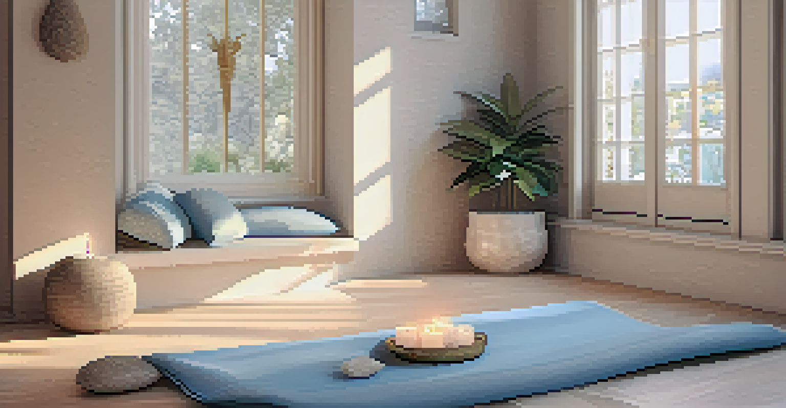 A calming meditation area with a yoga mat, cushions, and candles, promoting relaxation.