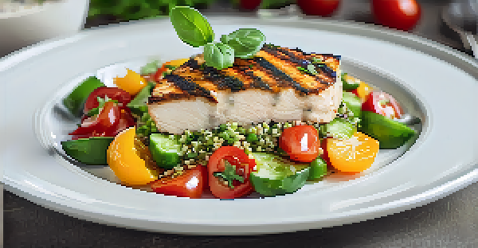 A colorful quinoa salad with grilled chicken and fresh vegetables arranged on a white plate, illuminated by soft natural light.