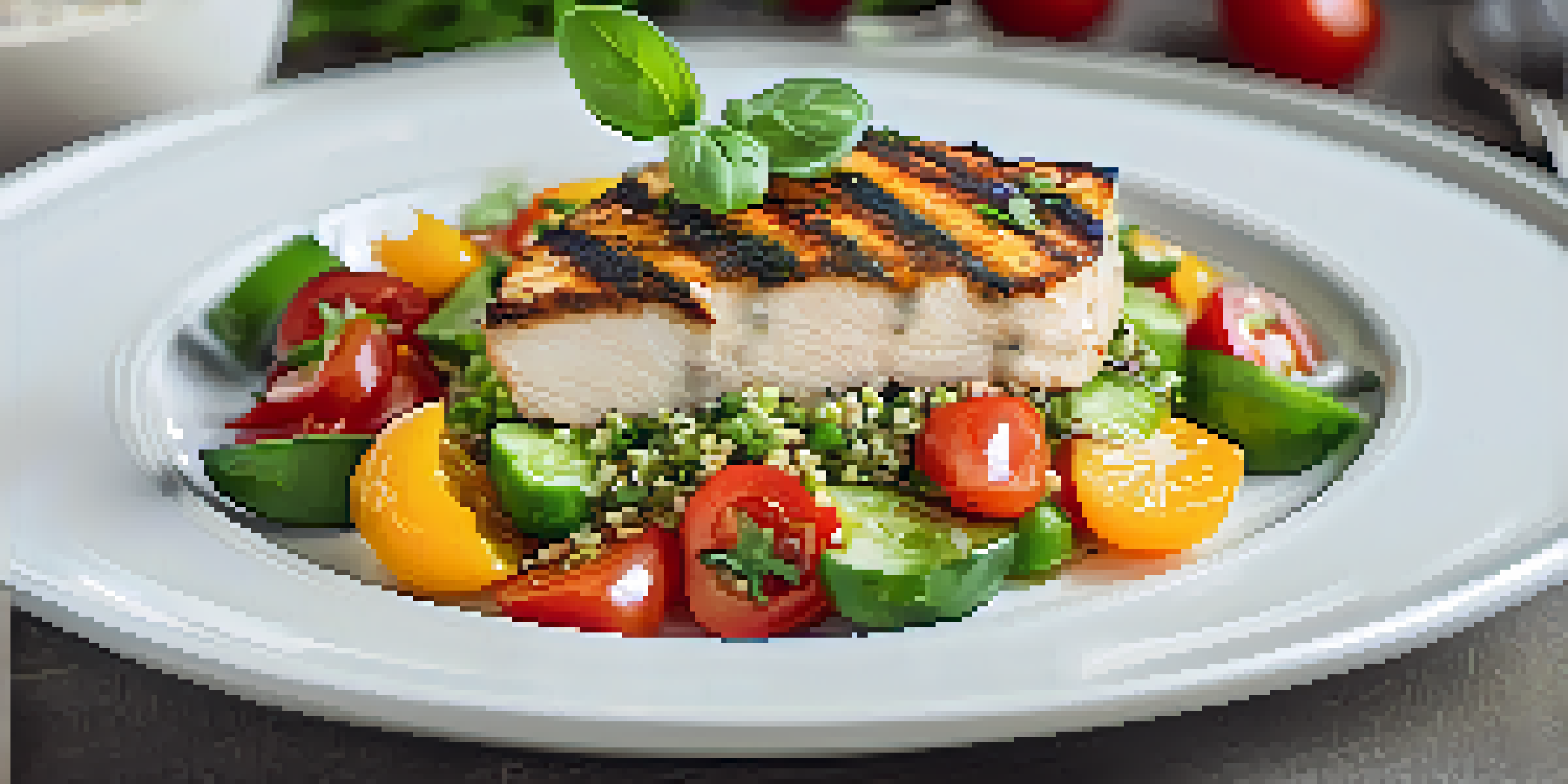 A colorful quinoa salad with grilled chicken and fresh vegetables arranged on a white plate, illuminated by soft natural light.