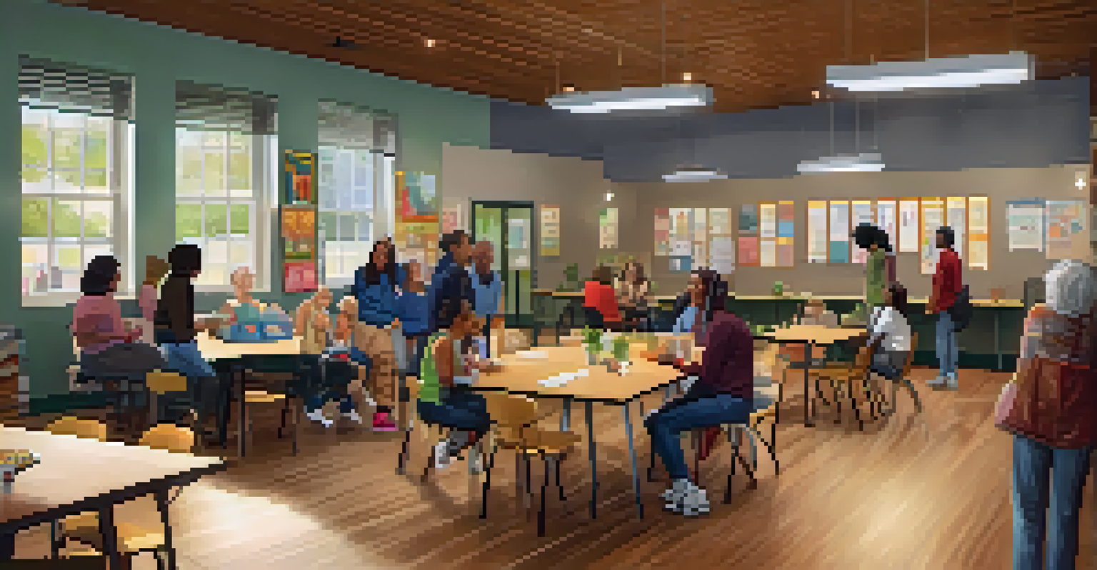 A community center with a bulletin board of mental health resources, filled with people engaging and smiling in a warmly lit environment.