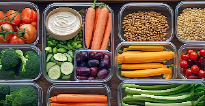 A wooden table displaying a colorful weekly meal plan with fresh ingredients in meal boxes, complemented by a notepad and pen.