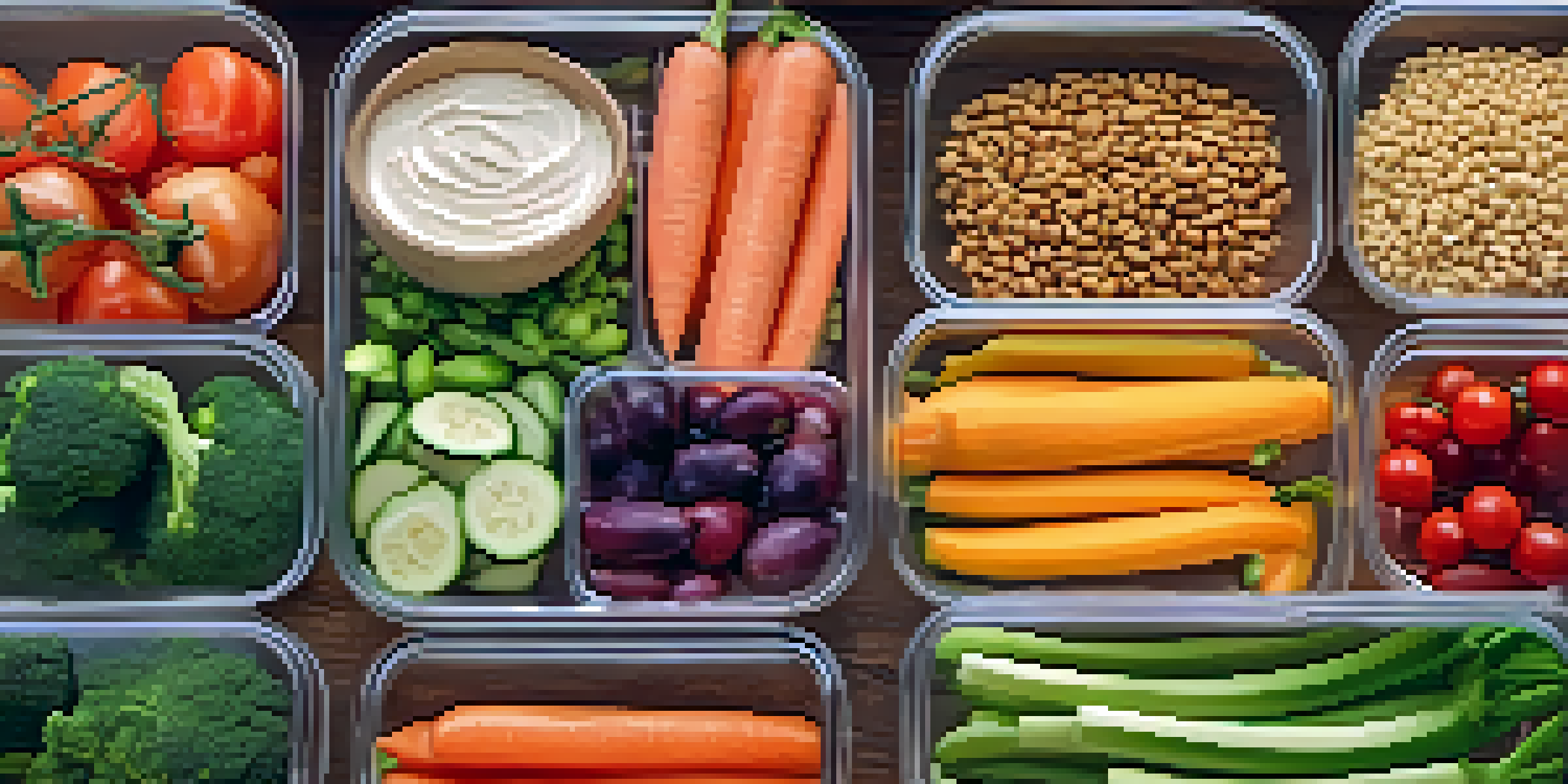 A wooden table displaying a colorful weekly meal plan with fresh ingredients in meal boxes, complemented by a notepad and pen.