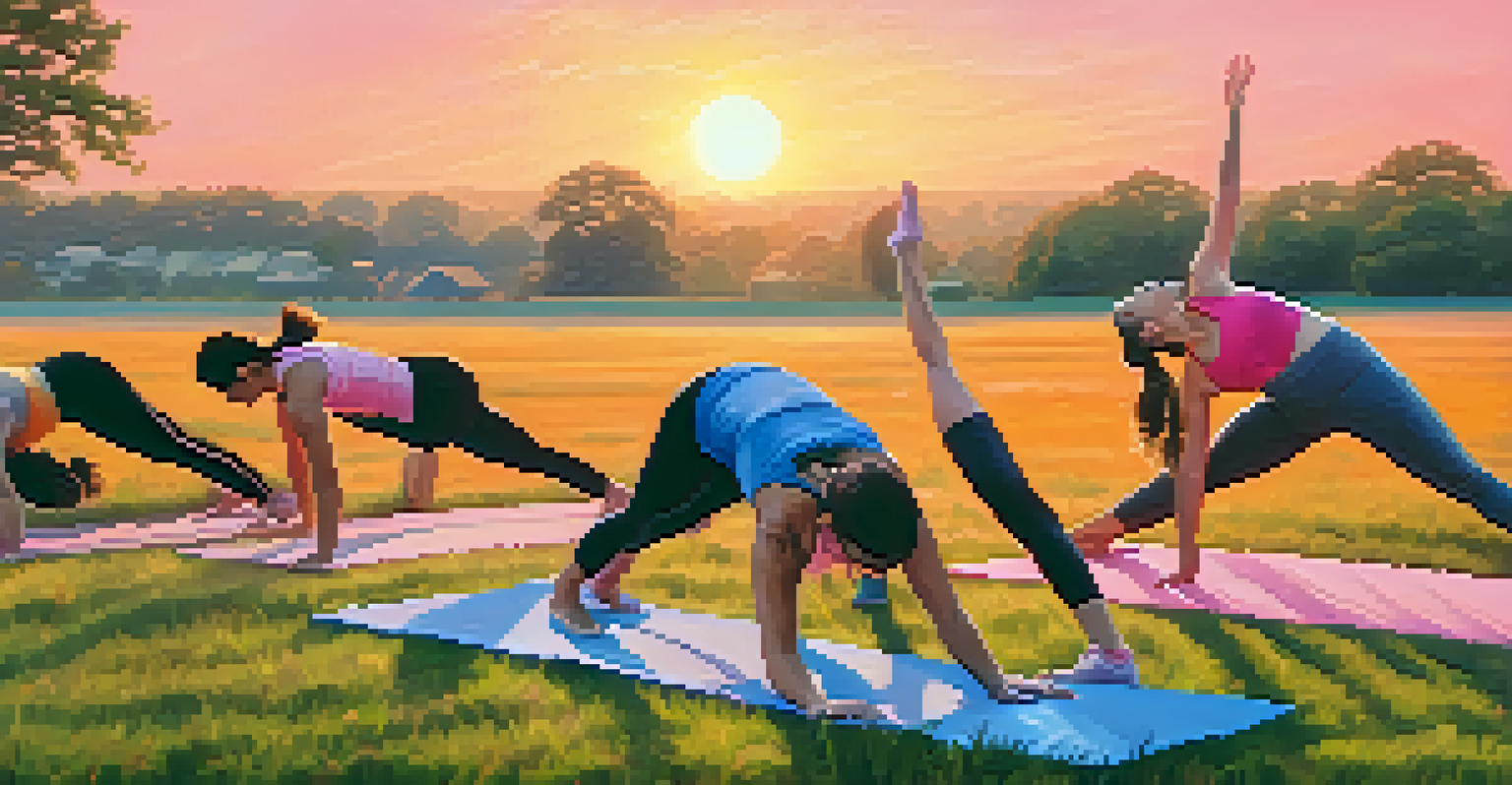 A diverse group of people practicing yoga outdoors at sunrise in a grassy field.