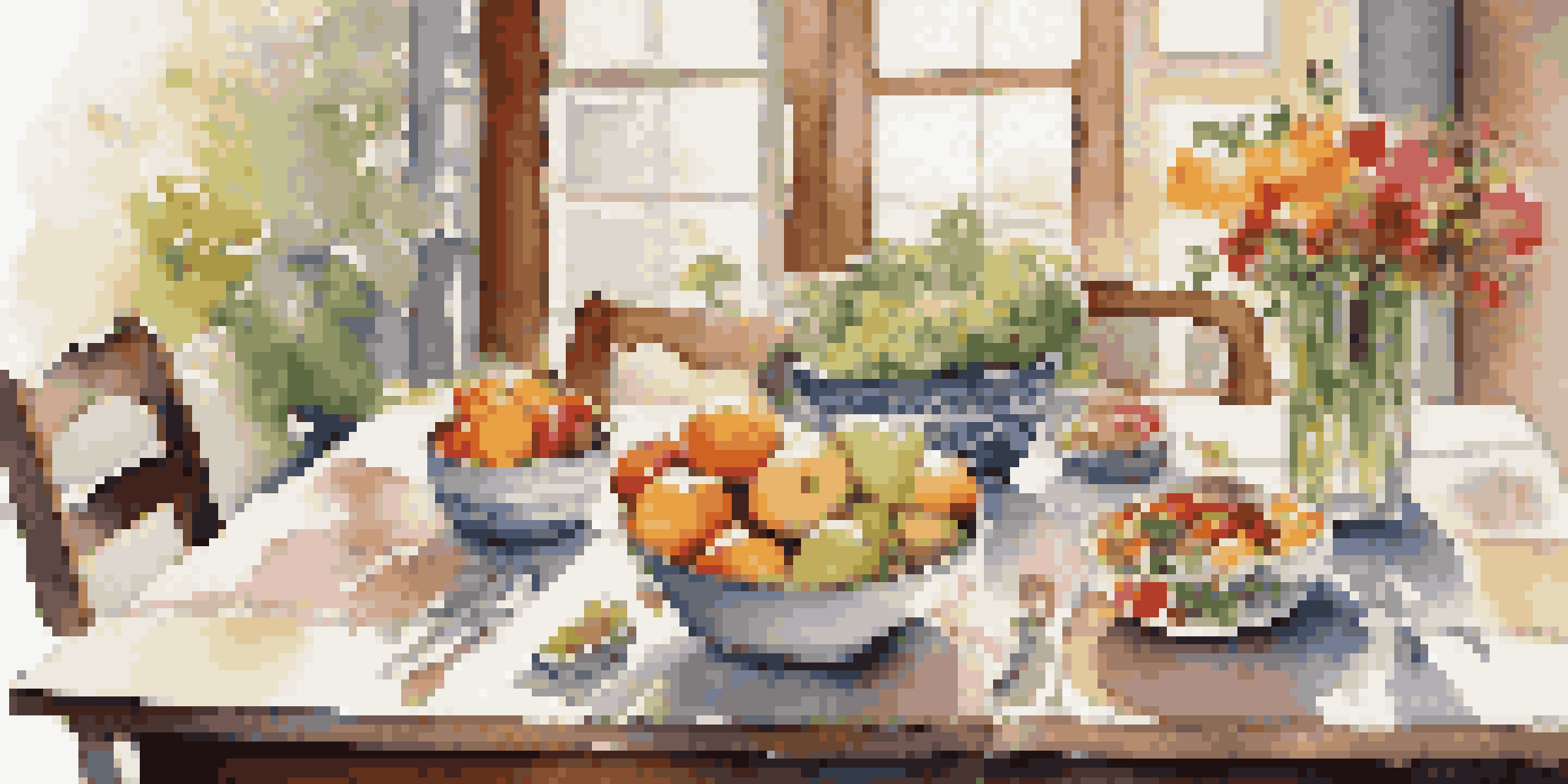 A dining table set with healthy foods, including fruits and vegetables, illuminated by natural sunlight.