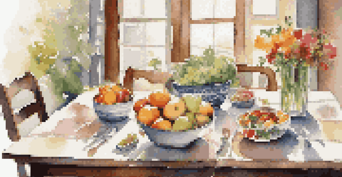 A dining table set with healthy foods, including fruits and vegetables, illuminated by natural sunlight.