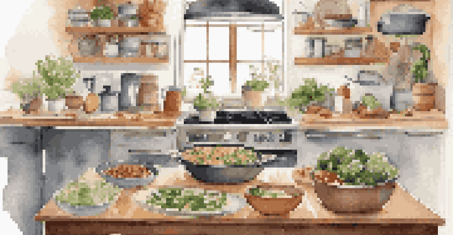 A warm kitchen with a meal prep setup including fresh ingredients, pots on the stove, and a laptop showing meal planning.