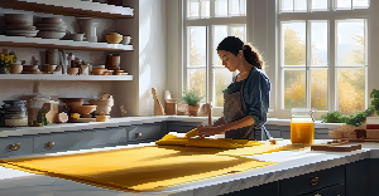 A cozy kitchen with someone making DIY beeswax wraps, surrounded by fabrics and beeswax pellets, illuminated by soft natural light.