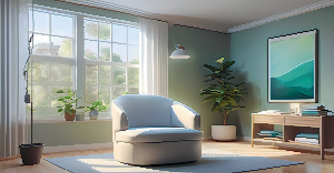 A peaceful therapy room with a reclining chair and biofeedback sensors, bathed in soft natural light.