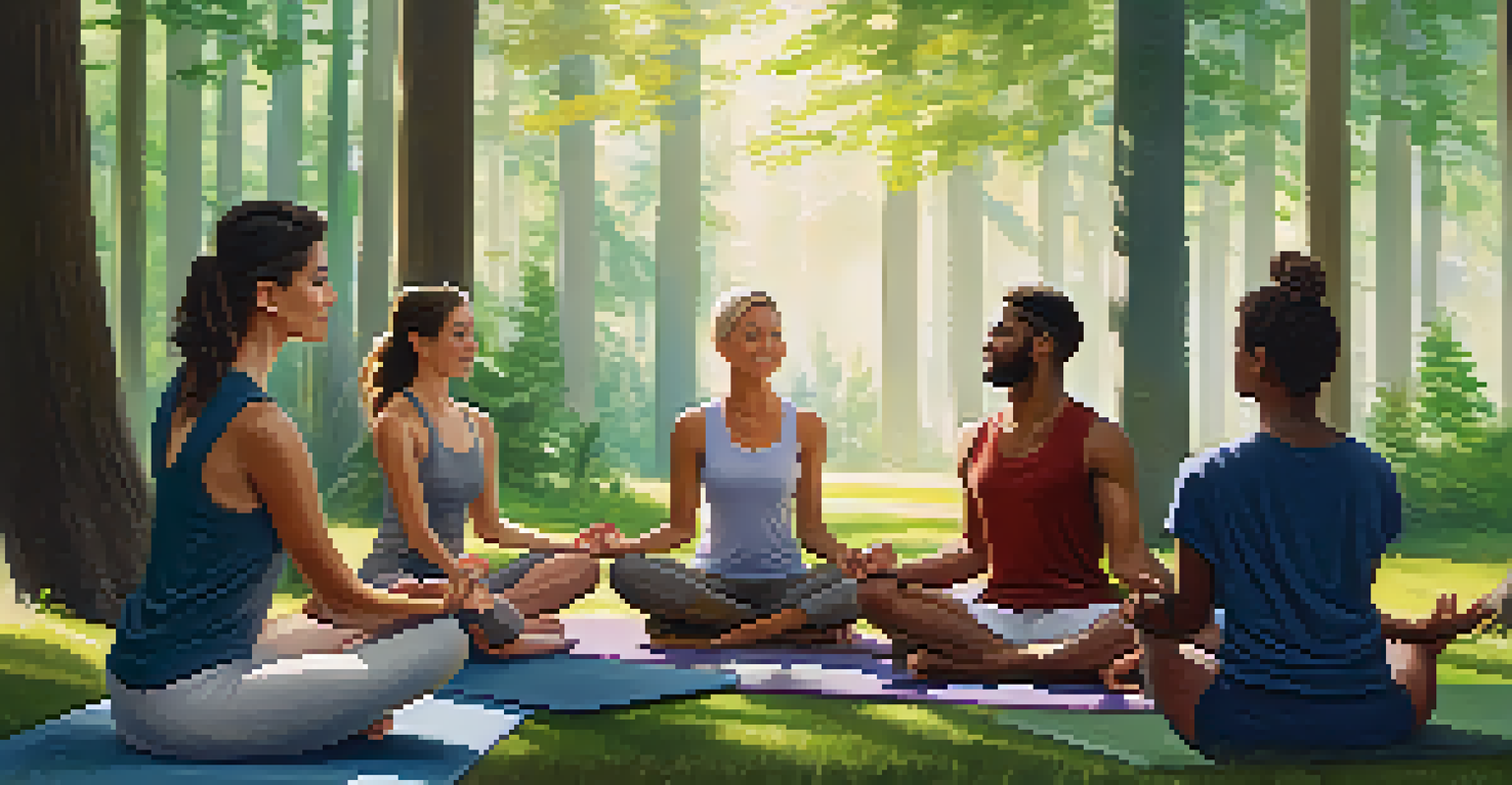 A group of friends in a forest practicing mindfulness on yoga mats, surrounded by trees and sunlight, showcasing a sense of support and community.