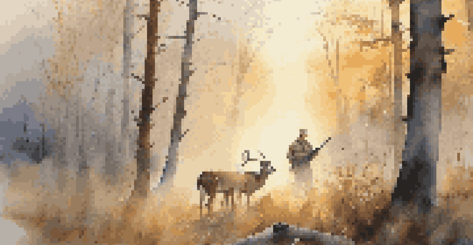 A hunter in camouflage beside a deer in a misty forest at dawn.