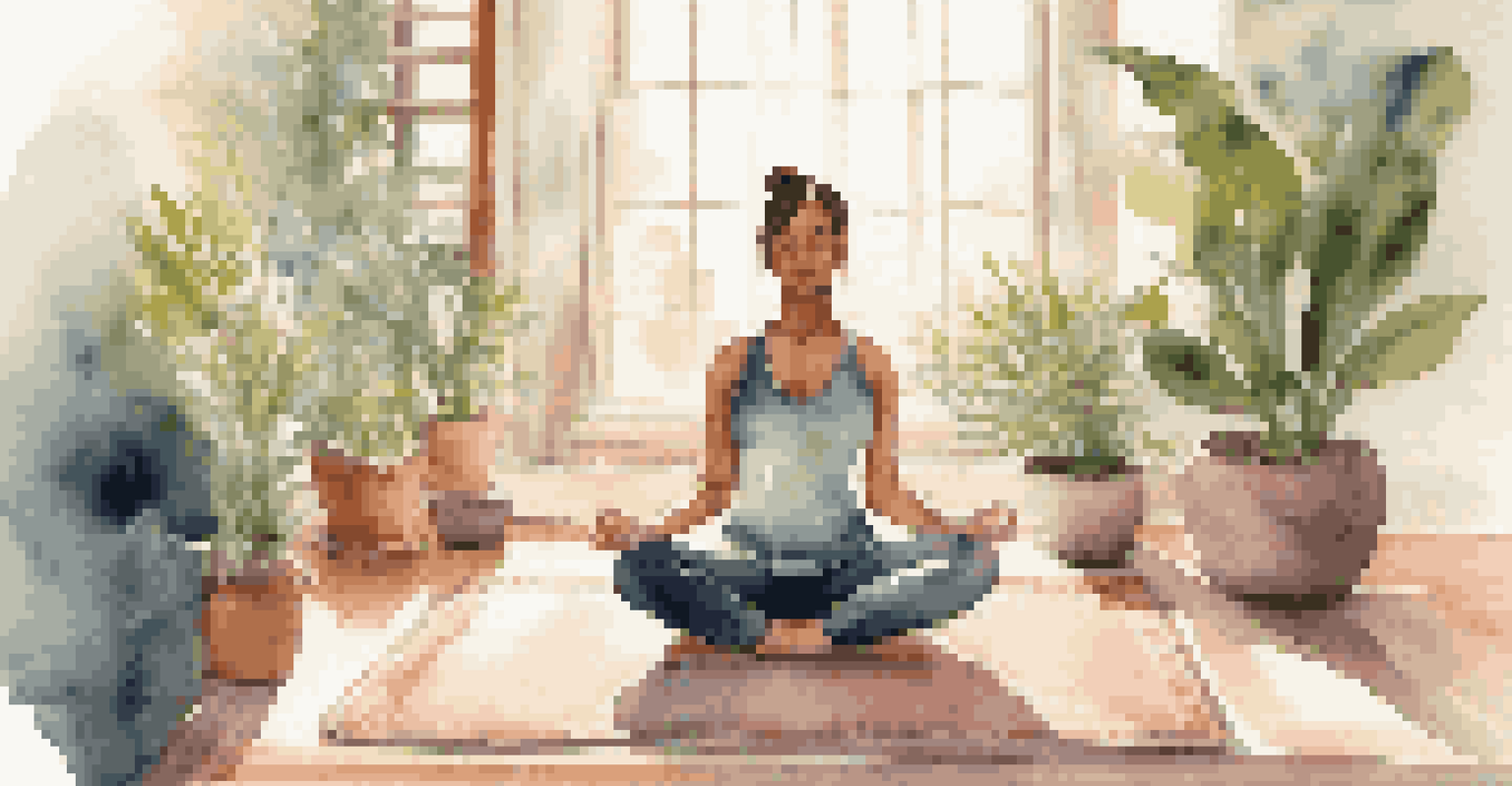 A person meditating on a yoga mat in a cozy room, surrounded by plants and cushions, with sunlight streaming through the window.