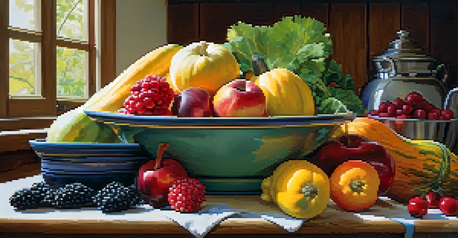 A plate of seasonal fruits and vegetables, including berries, squash, and apples, on a wooden table in a cozy kitchen.