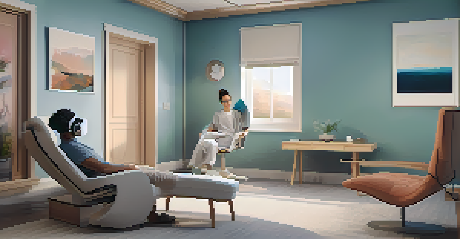 A therapy room equipped with virtual reality technology, showcasing a patient using a VR headset while a therapist watches and supports.