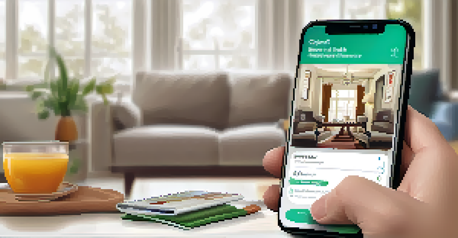 A smartphone showing a health literacy app interface with health tips and reminders, set in a cozy living room.