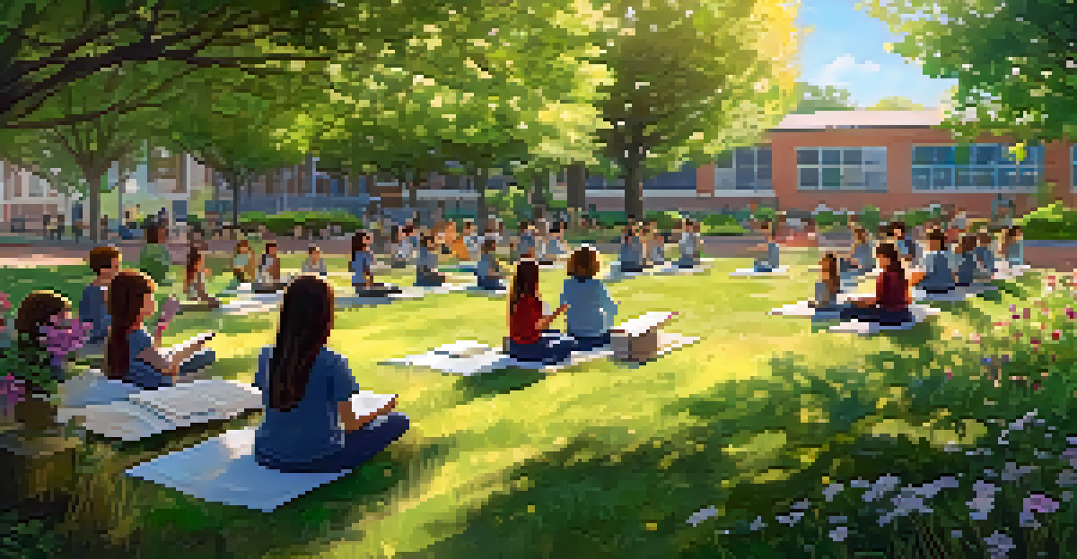 Students engaged in mindfulness practice in a school garden, surrounded by flowers and greenery, under a clear blue sky.