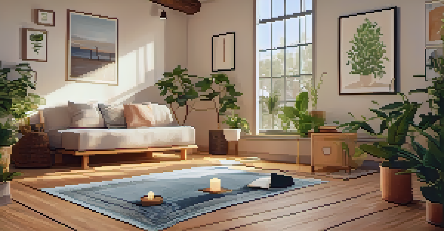 A tranquil yoga space with a soft mat, plants, and calming decor, encouraging relaxation and mindfulness.