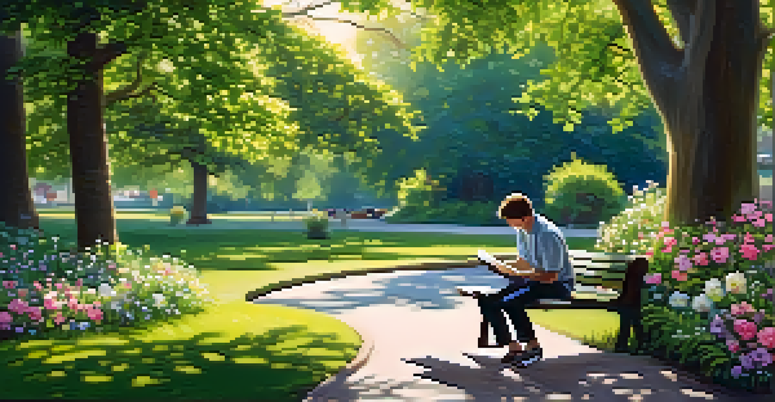 A person sitting on a park bench reading a book, surrounded by greenery and flowers, basking in sunlight.