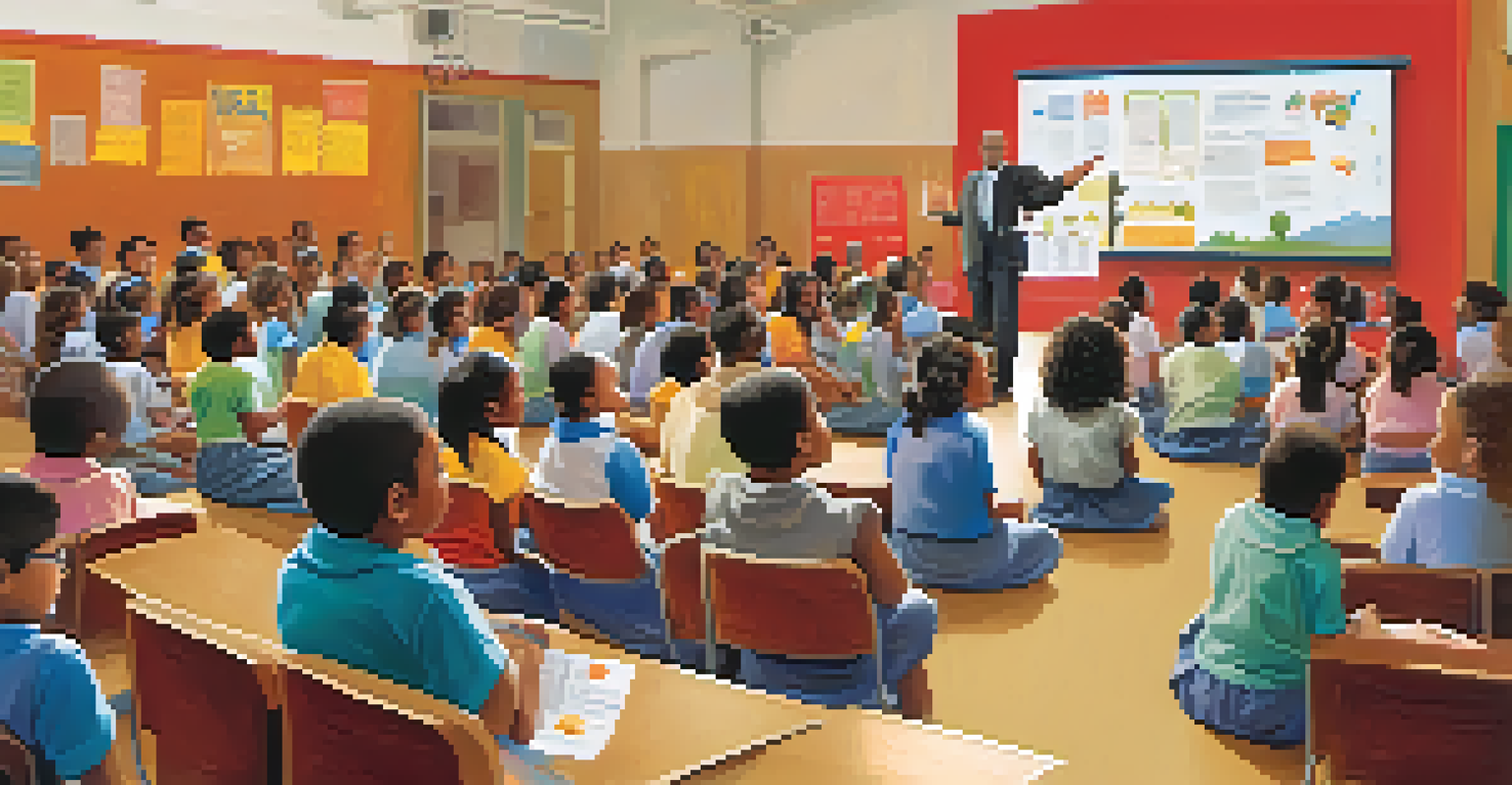 A community leader presenting a health workshop in a school auditorium, with students and parents listening attentively and health posters on the walls.