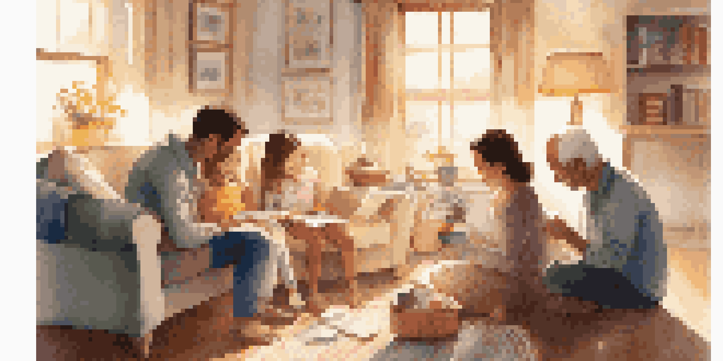 A family sitting in a bright living room, reading notes from a kindness jar together, with a warm and inviting environment.