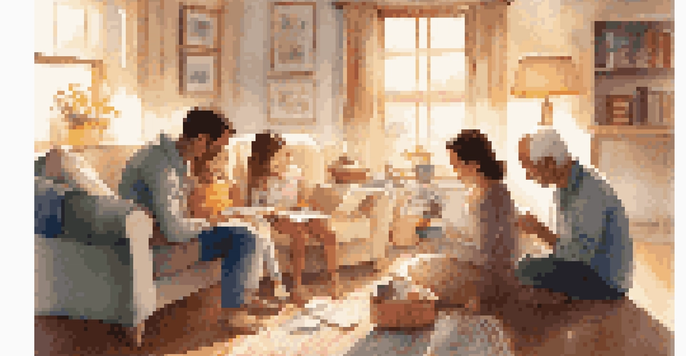 A family sitting in a bright living room, reading notes from a kindness jar together, with a warm and inviting environment.